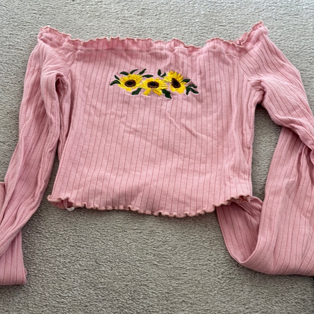 Pink Off-Shoulder Top with Sunflower Embroidery